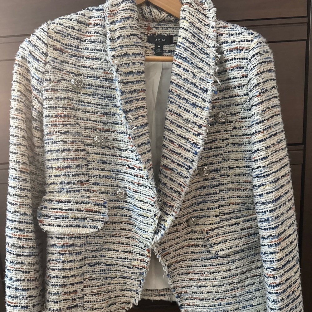 Aqua Women's Tweed Jacket - Blue and White